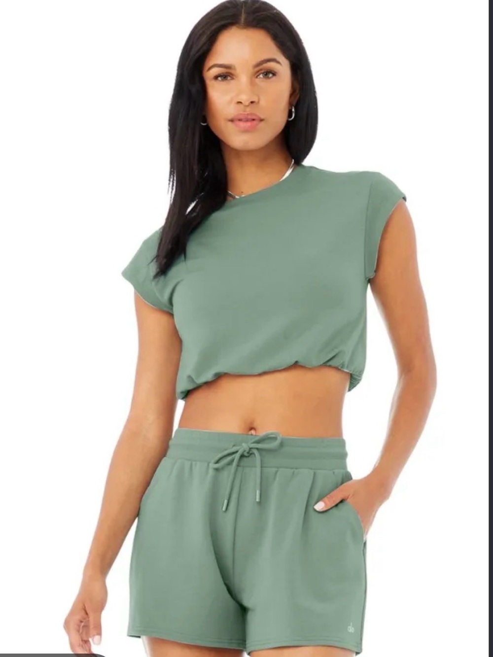 10. ALO Dreamy Sage Green Cropped Tee